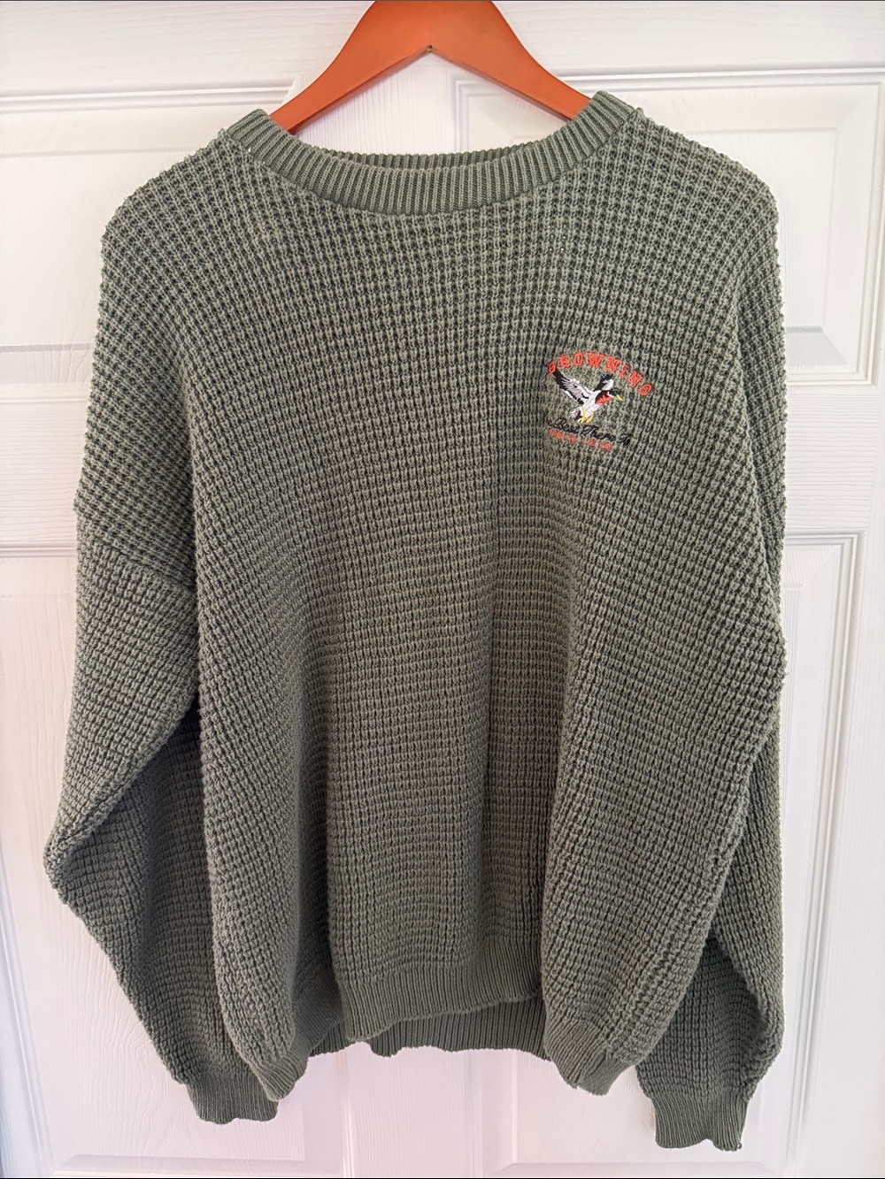 Vintage Browning Men's Olive Green Knit Sweater - Casual Waffle Crewneck